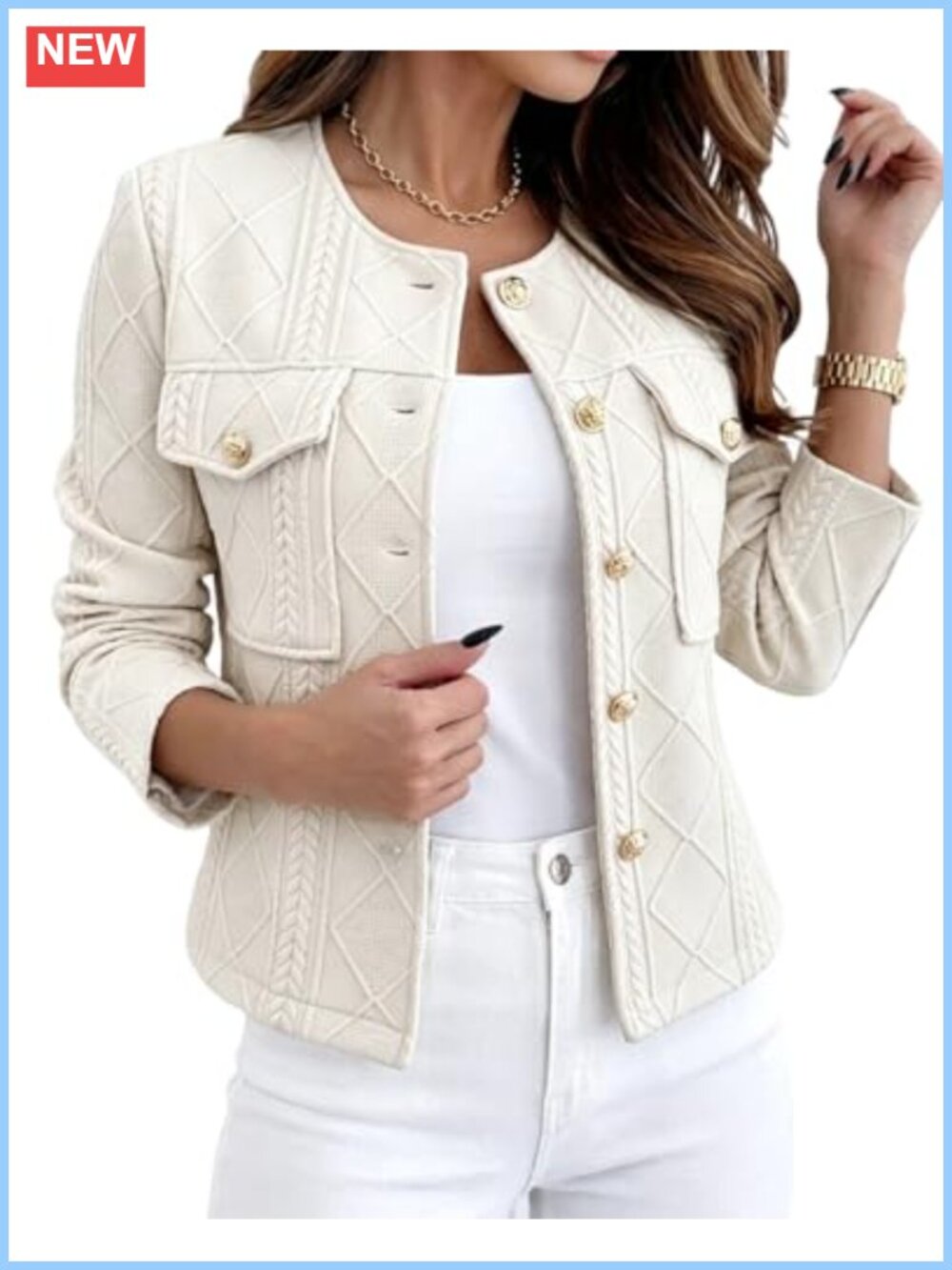 Lightweight Argyle Cable Knit Bomber Jacket Gold Buttons